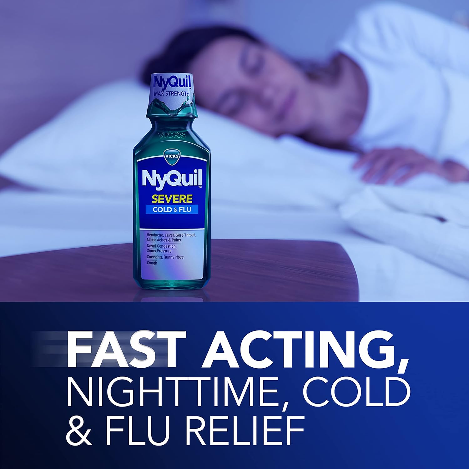 Vicks NyQuil SEVERE Cold and Flu Relief Liquid Medicine, Maximum Strength, 9-Symptom Nighttime Relief For Headache, Fever, Sore Throat, Nasal Congestion, Sinus Pressure, Runny Nose, Cough, 8 FL OZ : Health & Household