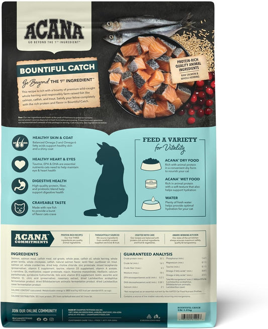 Acana Bountiful Catch Dry Cat Food For Adult Cats, Salmon And Whole Herring Recipe, Fish Cat Food, 4Lb