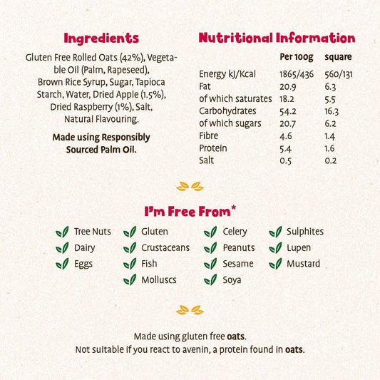 Angelic Free From 16 Pack Apple & Raspberry Oat Squares. Vegan Allergen Free Kids Snack Oat Bars For Snacks & Lunch Box. Nut, Gluten, Egg & Dairy Free Multipack Kids Snack Bars (16 X 30G Bars)