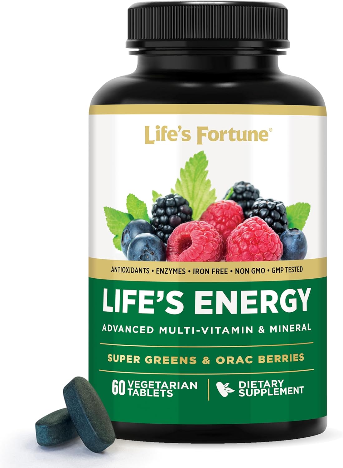 Life'S Fortune Life'S Energy Advanced Multi-Vitamin And Mineral For Men & Women, Non-Gmo - Super Greens - Orac Berries - Antioxidants - Enzymes - Iron Free - Gmp Tested, 60 Veggie Tablets
