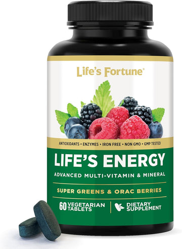 Life'S Fortune Life'S Energy Advanced Multi-Vitamin And Mineral For Men & Women, Non-Gmo - Super Greens - Orac Berries - Antioxidants - Enzymes - Iron Free - Gmp Tested, 60 Veggie Tablets