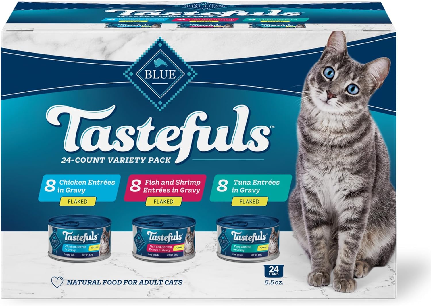 Blue Buffalo Tastefuls Flaked Wet Cat Food Variety Pack, Made With Natural Ingredients | Tuna, Chicken, Fish & Shrimp, 5.5-Oz. Cans (24 Count, 8 Of Each)