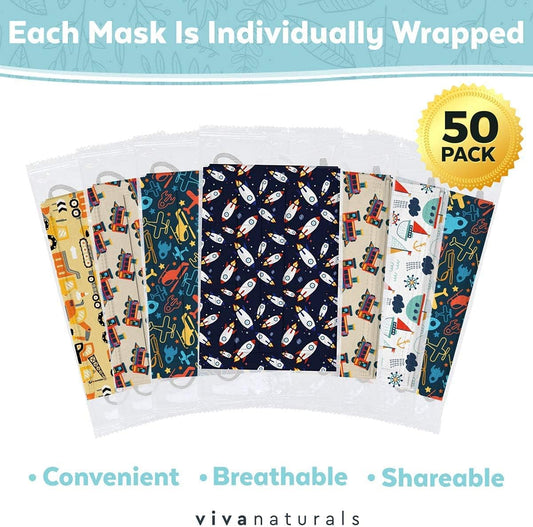 Kids Disposable Face Masks (50 Individually Wrapped Masks), Non-Medical Kids Face Masks Made With with Comfortable Earloops & Adjustable Metal Nose Strip, Premium 3-Ply Childrens Disposable Face Mask