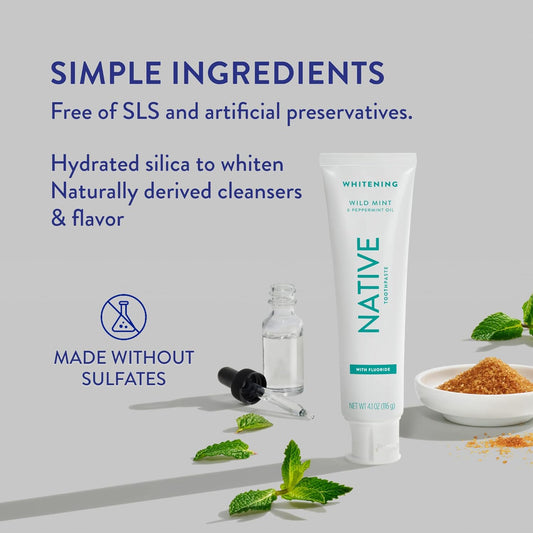 Native Toothpaste Made From Naturally-Derived Cleaners And Simple Ingredients That Safely Whitens Teeth, 4.1 Oz, Wild Mint With Fluoride - 1 Count