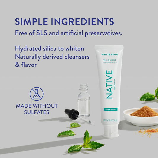 Native Toothpaste Made From Naturally-Derived Cleaners And Simple Ingredients That Safely Whitens Teeth, 4.1 Oz, Wild Mint Fluoride Free - 1 Count