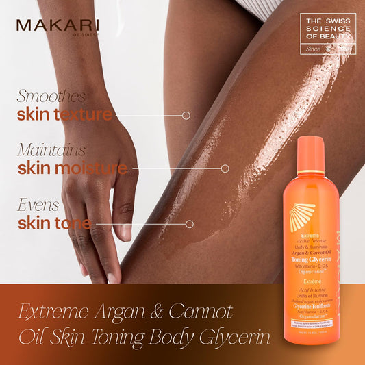 Makari Extreme Active Intense Argan And Carrot Oil Tone-Boosting Body Glycerin (16.8 Oz) | Fades Spots & Marks | Helps Brighten Complexion | Hydrates And Softens | For All Skin Types Except Sensitive