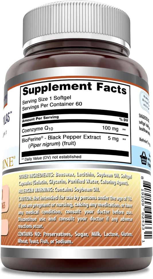 Amazing Formulas Coq10 With Bioperine Supplement | 60 Softgels | 100 Mg Per Serving | Non-Gmo| Gluten Free | Made In Usa