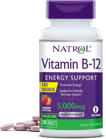 Natrol Vitamin B-12 5000mcg, Dietary Supplement for Energy and Healthy Nervous System Support, 200 Strawberry-avored Fast Dissolve Tablets, 200 Day Supply