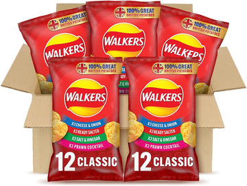Walkers Classic Variety Crisps Box, Ready Salted, Cheese And Onion, Salt And Vinegar, Prawn Cocktail, 60 Count (Pack Of 1)