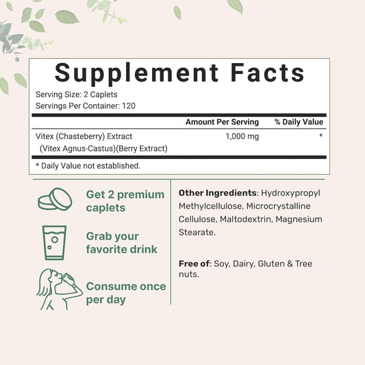 Micro Ingredients Vitex Berry Supplement, 1,000Mg Per Serving, 240 Caplets | Potent Chaste Tree Berry Extract | Promotes Menstrual, Fertility, & Hormone Balance For Women | Non-Gmo