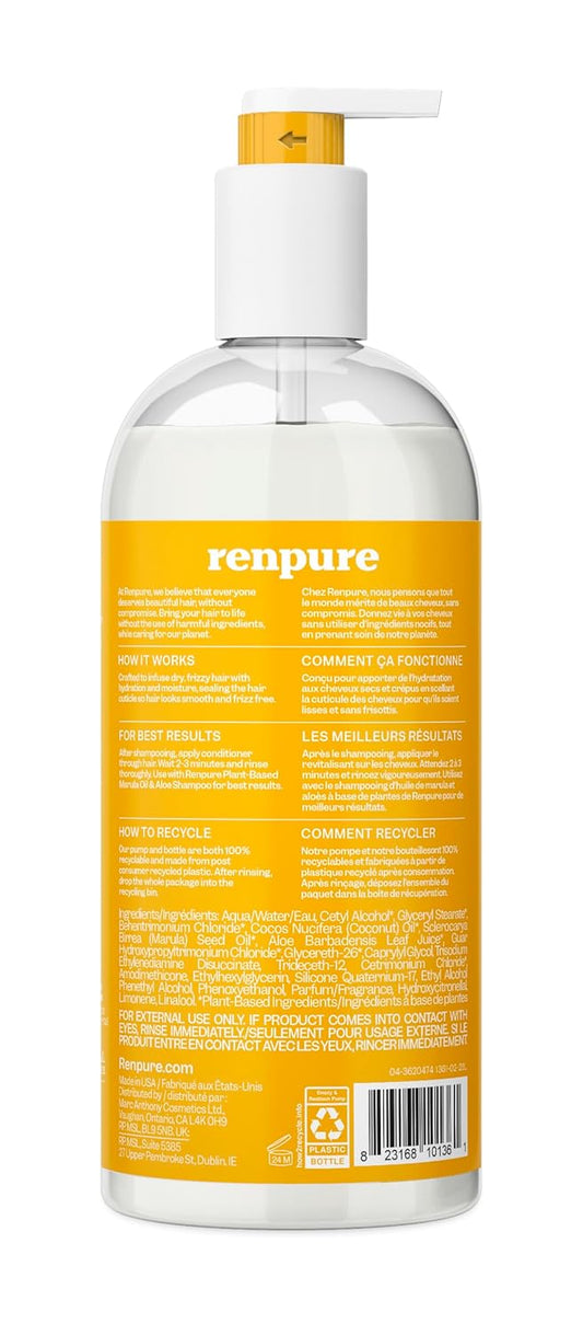 Renpure Plant Based Marula Oil And Aloe Ultra Smoothing Conditioner - Ideal For Dry, Frizzy Hair - Leaves Hair Hydrated - Gentle Formula - Paraben Free - Recyclable, Pump Bottle Design - 24 Fl Oz