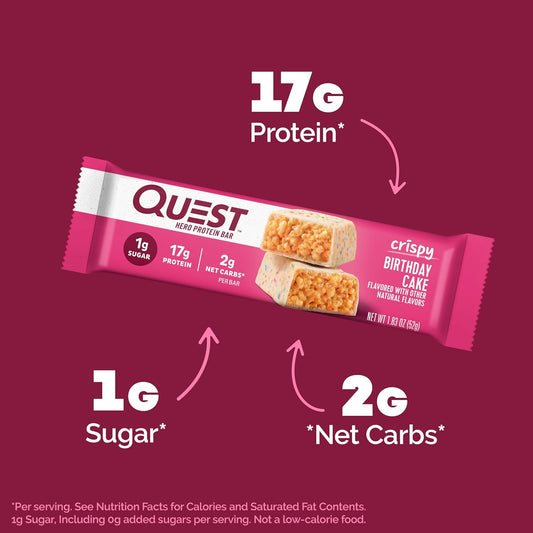 Quest Nutrition Crispy Birthday Cake Hero Protein Bar, 17G Protein, 1G Sugar, 2G Net Carbs, Gluten Free Protein Snack, Keto Friendly, 12 Count