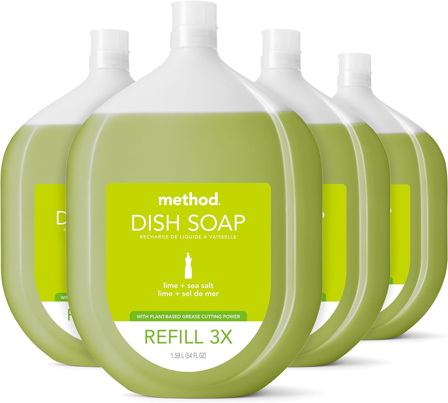 Method Gel Dish Soap, Refill, Lime + Sea Salt, Recyclable Bottle, Biodegradable Formula, Tough on Grease, 54 Fl Oz (Pack of 4)
