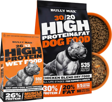 Bully Max High Protein Wet & Dry Dog Food Bundle For Puppies & Adult Dogs - Complete & Balanced Diet For Small & Large Breeds - 15 Lbs Dry Food & 2 Lbs Dehydrated Food Makes 5.5 Lbs Wet Dog Food