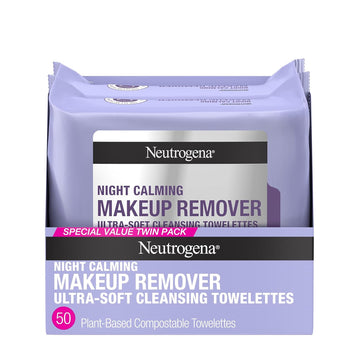 Neutrogena Makeup Remover Night Calming Cleansing Towelettes, Disposable Nighttime Face Wipes To Remove Dirt, Oil & Makeup, 25 Ct, Twin Pack