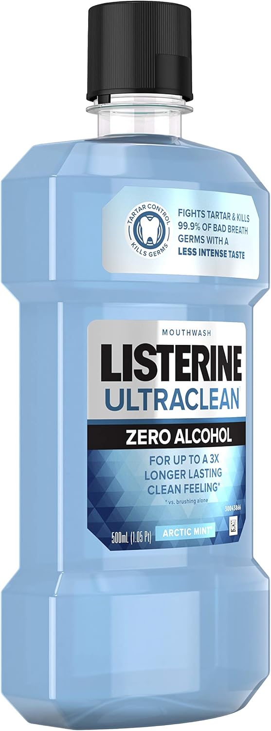 Listerine Ultraclean Zero Alcohol Tartar Control Mouthwash, Oral Rinse to Help Fight Bad Breath and Tartar, for Cleaner, Naturally White Teeth, Less Intense Arctic Mint taste, 500 mL : Health & Household