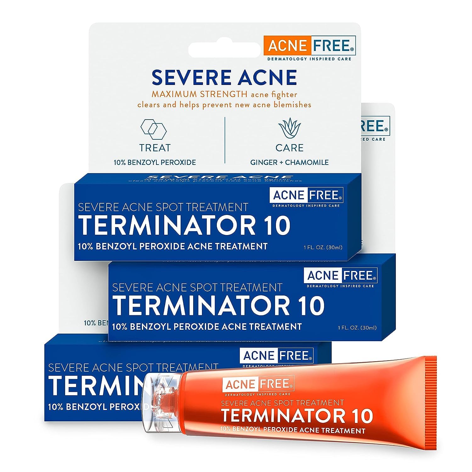 Acne Free Terminator 10 Acne Spot Treatment With Benzoyl Peroxide 10% Maximum Strength Acne Cream Treatment, 1 Ounce, Pack Of 3