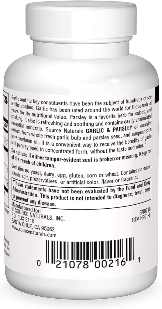 Source Naturals Garlic & Parsley Dietary Supplement - No Taste Or Odor - 250 Softgels