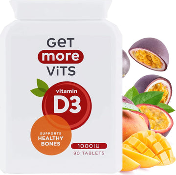 Get More Vits - Vitamin D3 Tablets (90 Tablets), 90 1,000Iu Servings Per Bottle, Strengthens Bones, Teeth & Muscles, Promotes Calcium Absorption & Improves Immune System, Vegetarian, Food Supplement