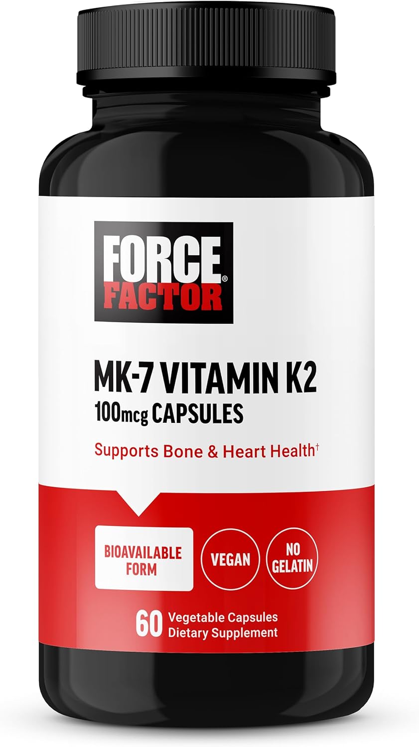 FORCE FACTOR MK-7 Vitamin K2 100mcg, Bone Support Supplements for Women and Men, Support Heart Health, Bone Density, and More, BIoavailable Form, Vegan, Non-GMO, 60 Vegetable Capsules