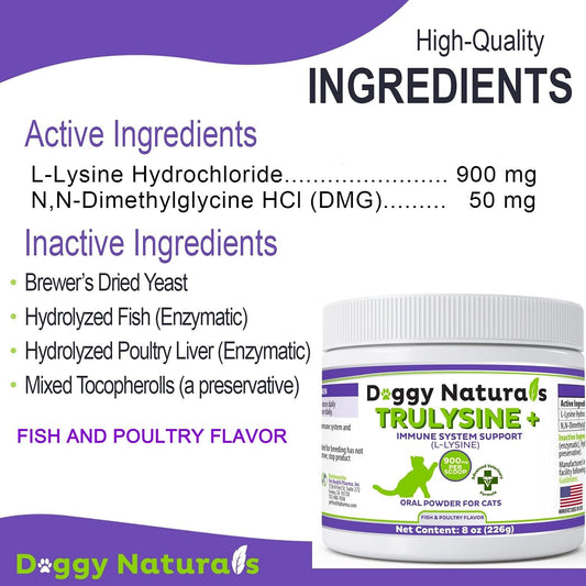 Trulysine Plus L-Lysine For Cats Immune Support Oral Powder 8Oz/226G - Cats & Kittens Of All Age, Sneezing, Runny Nose Squinting, Watery Eyes-Fish & Poultry Flavor (U.S.A)(225 Grams (900Mg / Scoop))