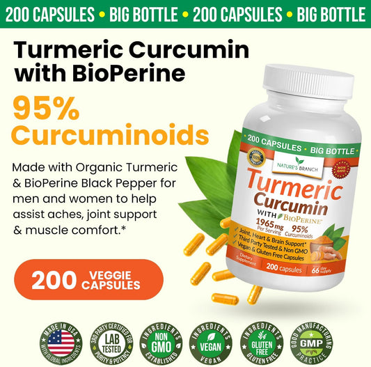 Turmeric Curcumin With Black Pepper - Organic Turmeric Powder - 200 Capsules - 1965Mg Extra Strength, Joint Support Supplement - High Absorption, Bioperine Extract, High Potency, Vegan - Made In Usa