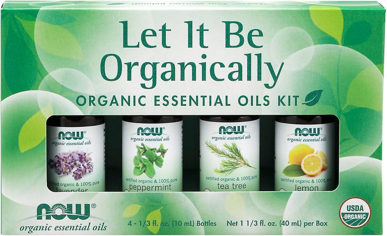 Now Essential Oils, Let It Be Organically Kit, 4X10Ml Including: Organic Lavender, Organic Tea Tree, Organic Peppermint And Organic Lemon Essential Oils With Child Resistant Caps