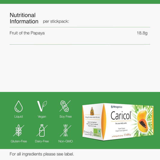 Metagenics Caricol Organic Papaya - Organic Food Supplement For Regular Bowel Function - 20G Stickpacks (20 Sticks)
