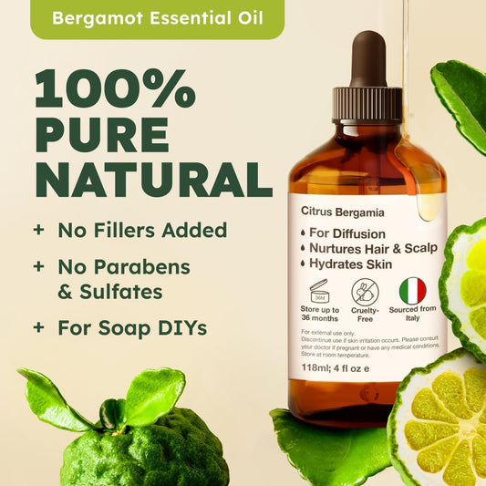 Kukka Bergamot Essential Oil For Diffuser - 4 Fl Oz - 100% Pure Natural Bergamota Oil For Hair - Essential Oils Bergamot Oil For Skin, Shampoo & Aromatherapy, Soap Making Scent, Diy