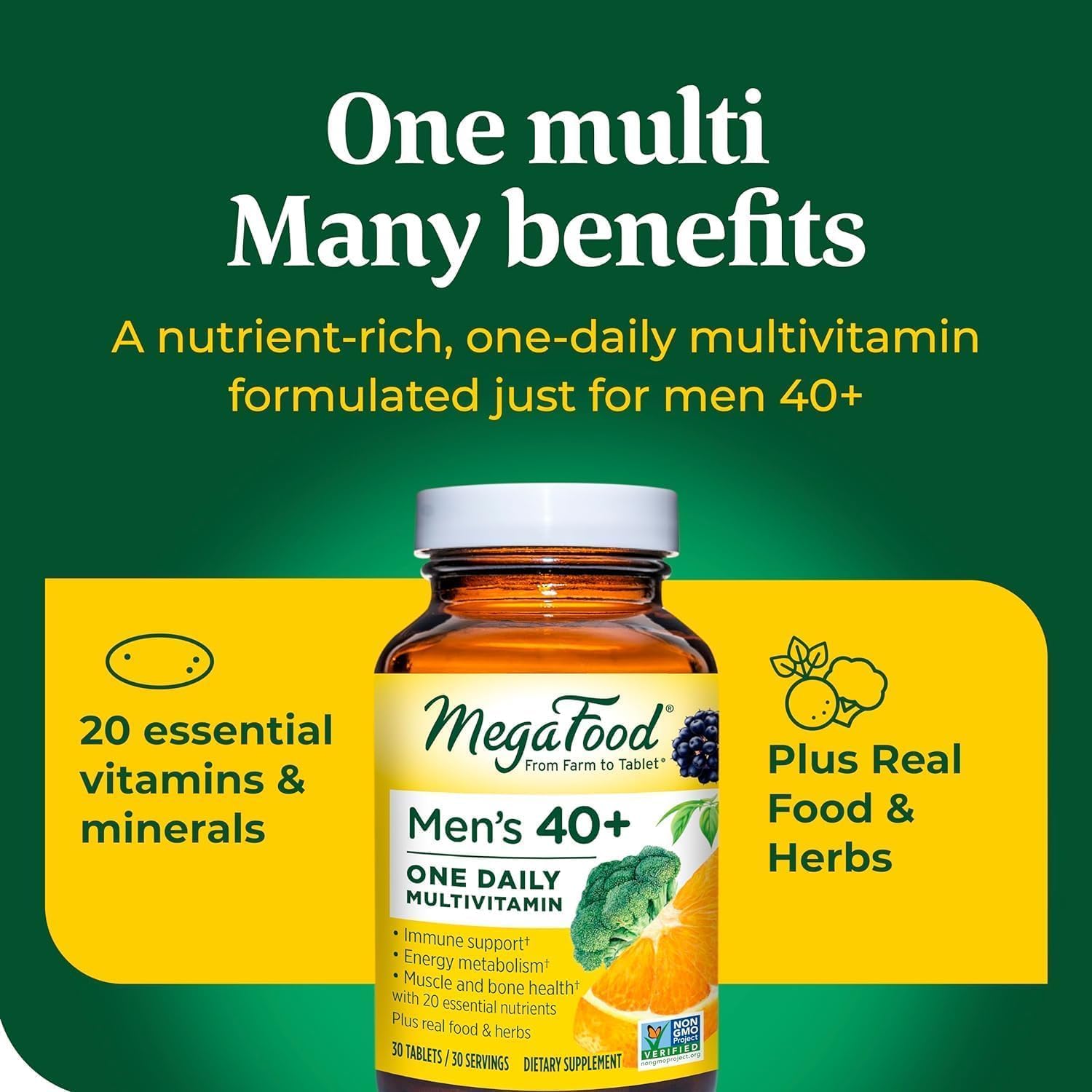 MegaFood, Men Over 40 One Daily, Daily Multivitamin and Mineral Dietary Supplement with Vitamins B, D and Zinc, Non-GMO, Vegetarian, 60 tablets (60 servings) : Health & Household