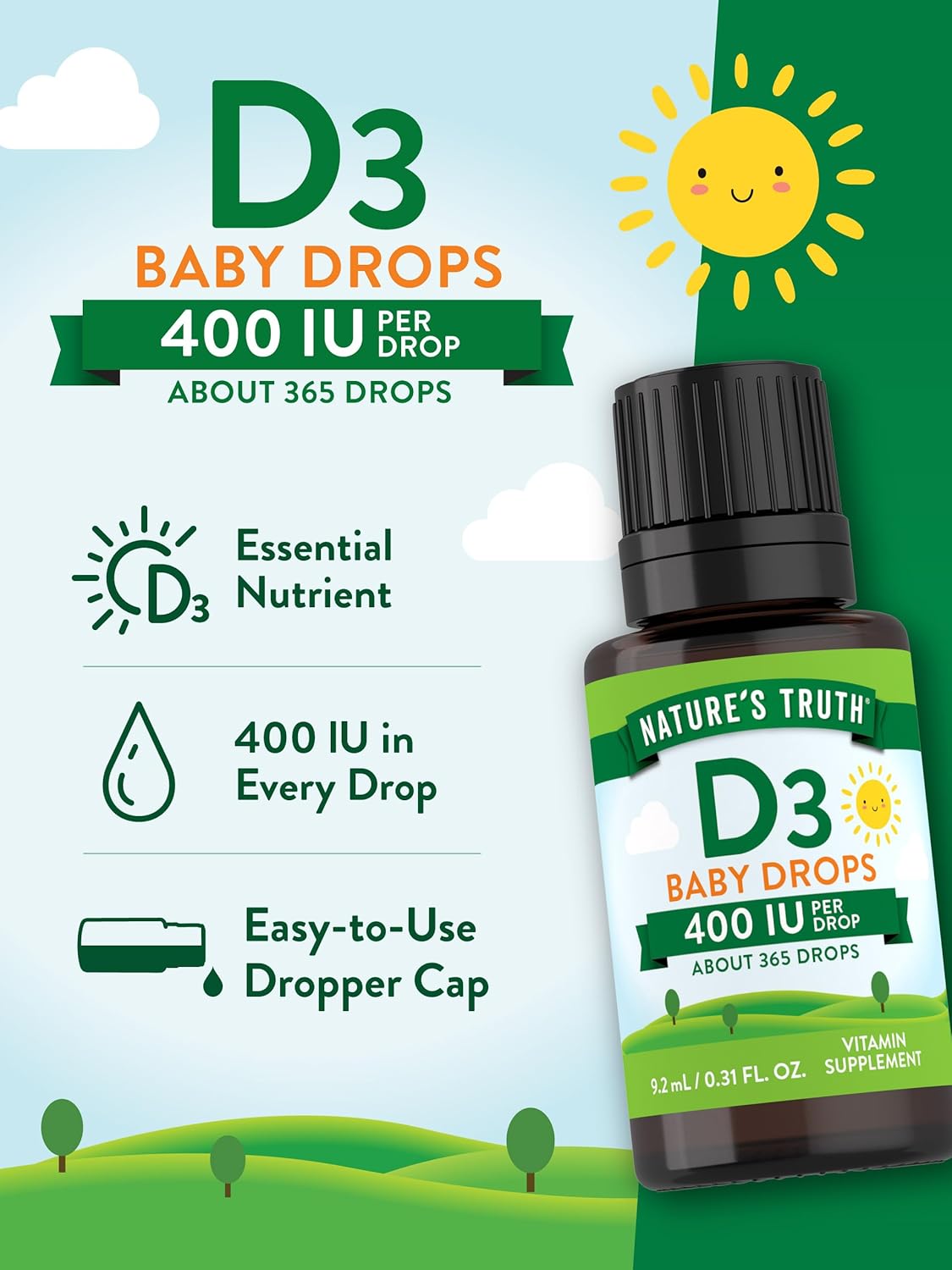 Nature's Truth Vitamin D Drops for Infants | 400 IU | 9.2 mL | D3 Drops for Kids | Vegetarian, Non-GMO, Gluten Free Supplement : Health & Household