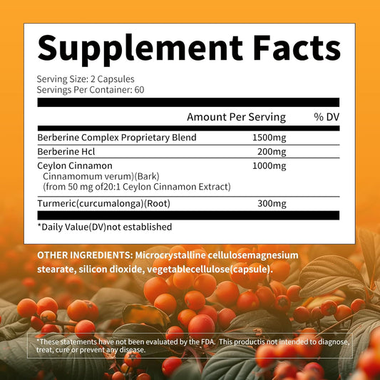 Berberine Supplement - Berberine 1500Mg Per Serving,120 Capsules - Berberine Hci - Berberine Plus - Plus Pure True Ceylon Cinnamon, Berberine Hci Root Supplements Pills