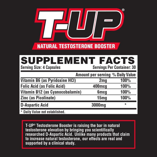 Nutrex Research T-Up Natural Testosterone Booster For Men Muscle Enhancer And Libido Support Pills | Daa D-Aspartic Acid, Zinc, B6, B12 | 120 Capsules