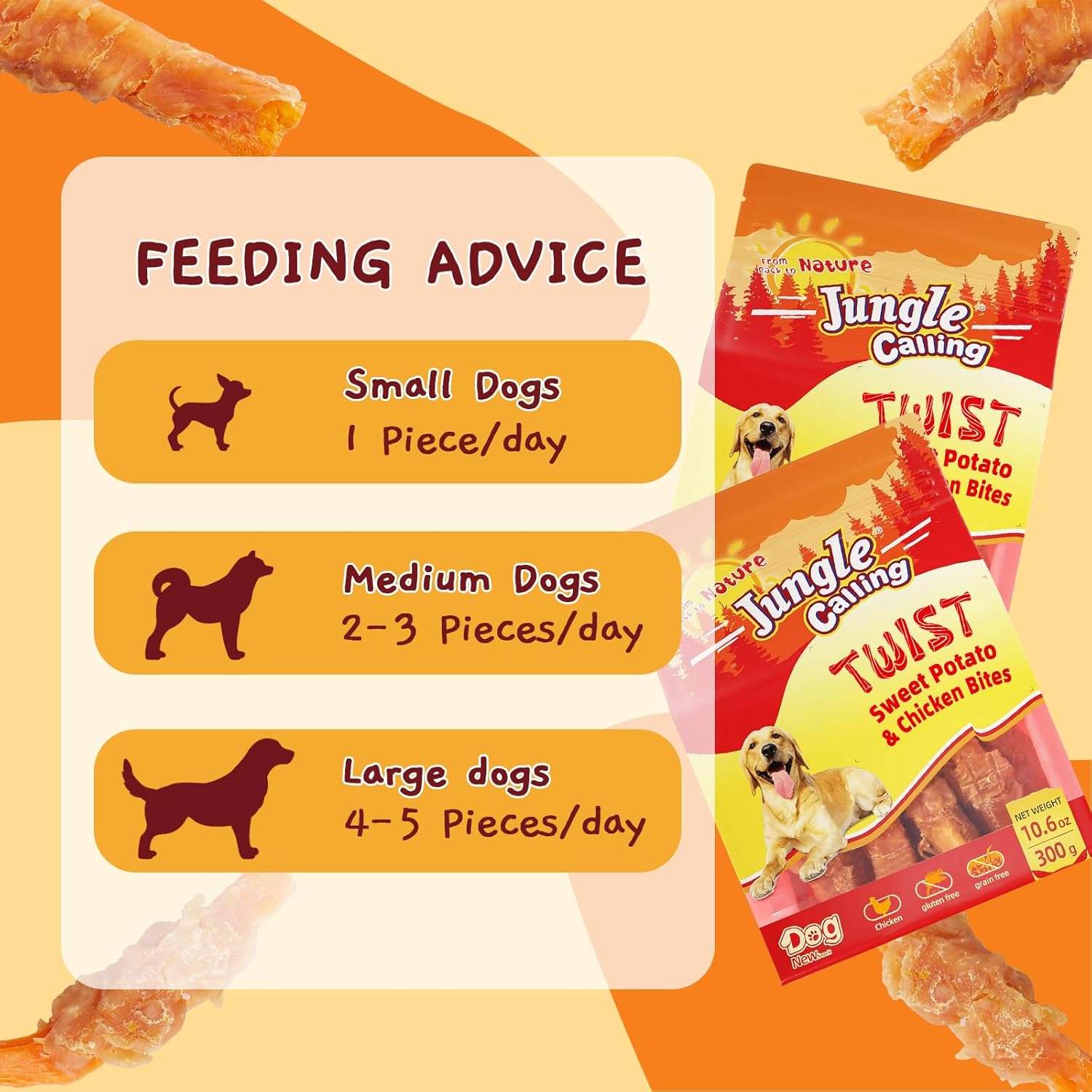 Jungle Calling Dog Treats, Skinless Chicken Wrapped Sweet Potato, Gluten and Grain Free, Chewy Dog Bites for Balanced Nutrition, 10.6 oz : Pet Supplies