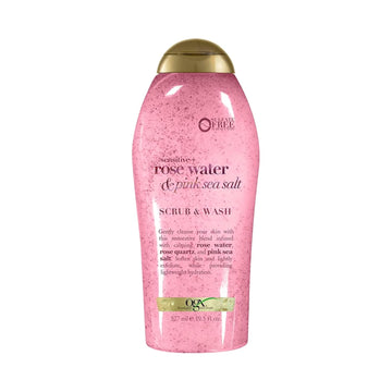 Ogx Sensitive + Pink Sea Salt & Rosewater Sulfate-Free Soothing Body Scrub With Healing Rose Quartz, Gentle Exfoliating Daily Body Wash To Soften & Smooth Skin, 19.5 Fl Oz