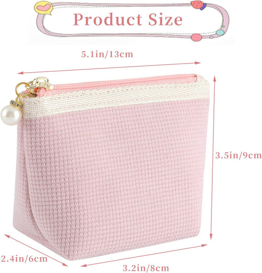 Preppy Corduroy Period Bag for School Teen Girls, Cute Sanitary Napkin Storage Bag Portable Period Pouch with Pearl Zipper, Sanitary Pads Bag Tampons Holder for Purse, First Period (Pink)