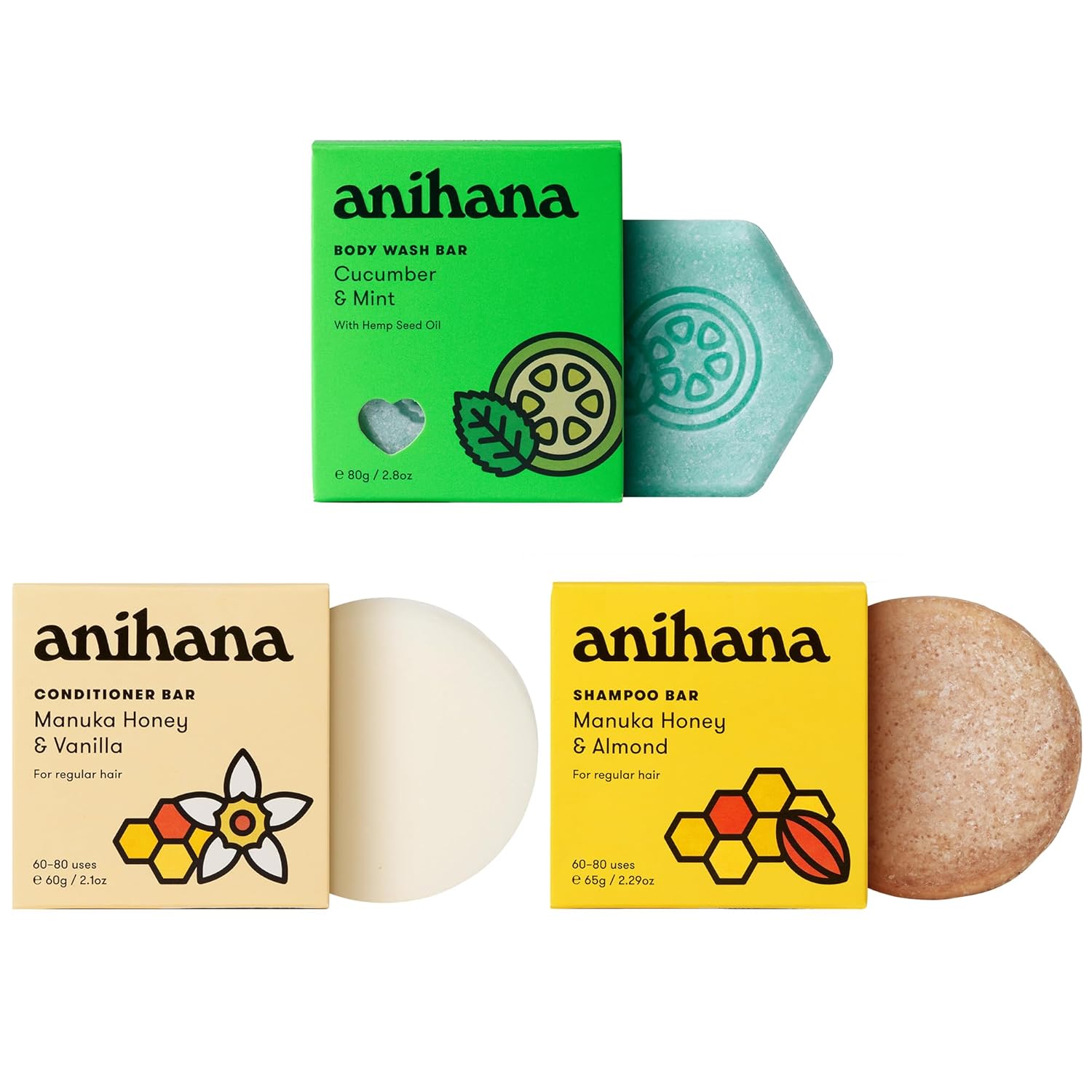 Anihana Fresh Start Bath And Body Spa Gift Set Bundle, 1 Shampoo Bar, 1 Conditioner Bar, And 1 Body Wash