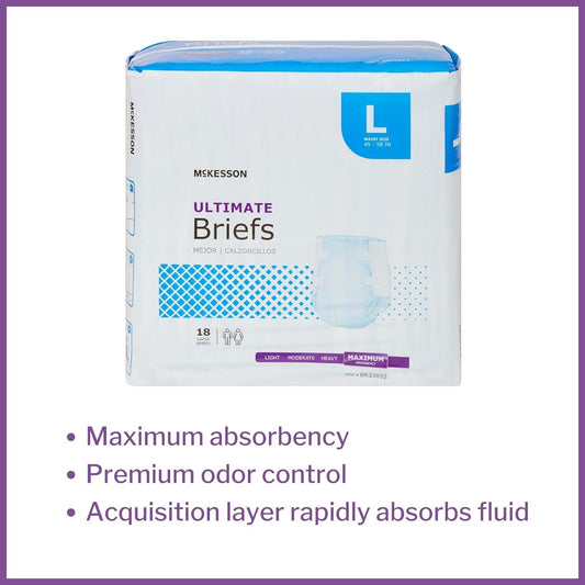 Mckesson Ultimate Briefs, Incontinence, Maximum Absorbency, Large, 18 Count, 4 Packs, 72 Total