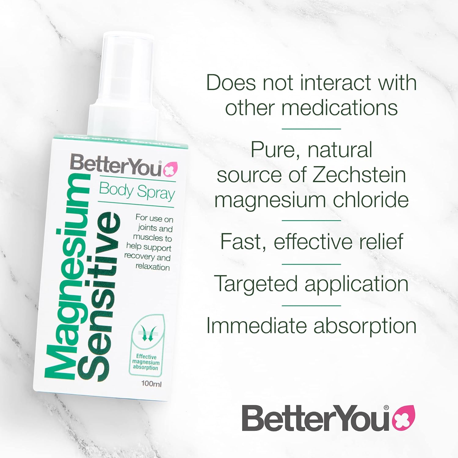 BetterYou Magnesium Sensitive Body Spray, Pure, Clean and Natural Source of Chlorides, Spray, Vegan & Palm-Oil Free, 100 ml (600 Sprays) : Amazon.co.uk: Health & Personal Care