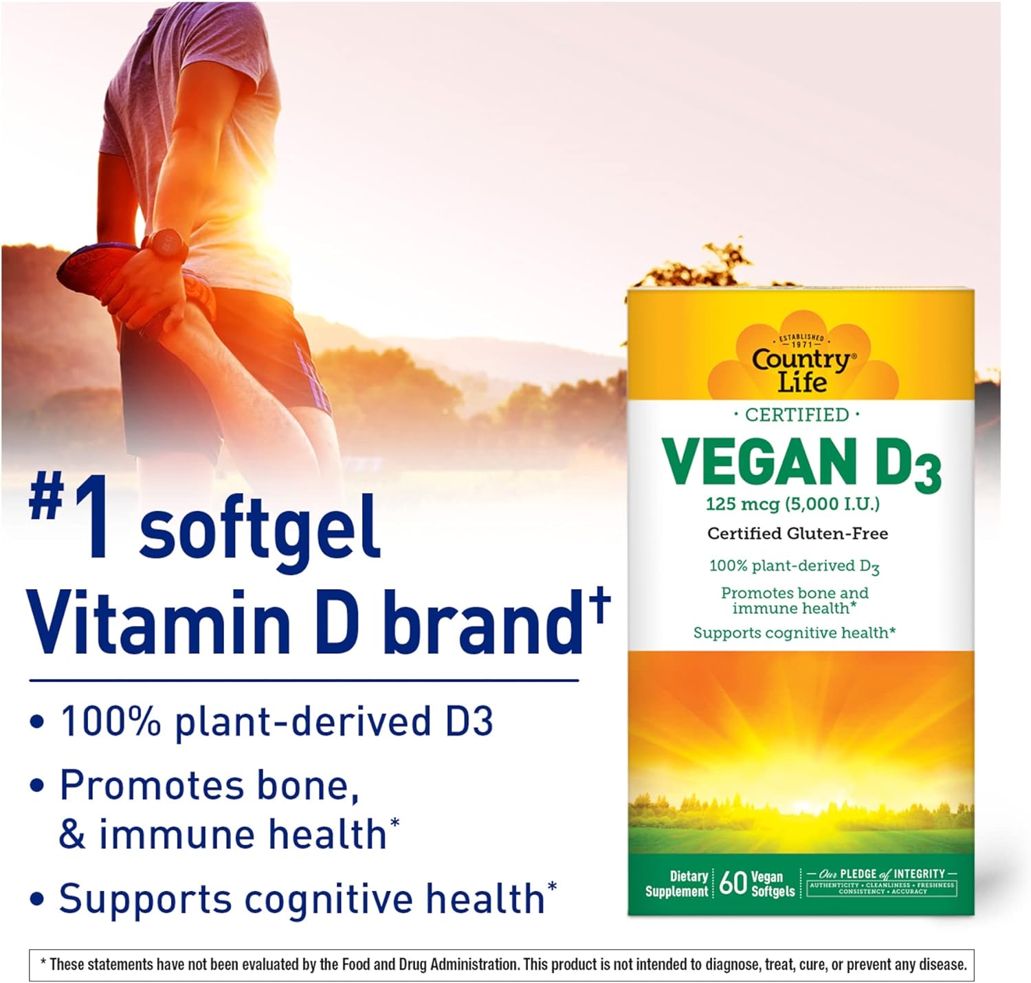 Country Life Vegan D3 5000 IU, 60 Softgels, Certified Gluten Free, Certified Vegan : Health & Household