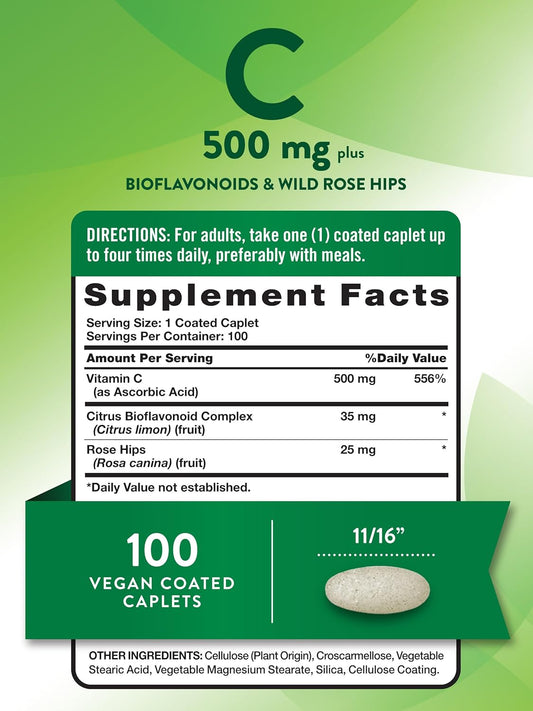 Nature'S Truth Vitamin C With Rose Hips And Bioflavonoids | 500Mg | 100 Caplets | Vegan, Non-Gmo & Gluten Free