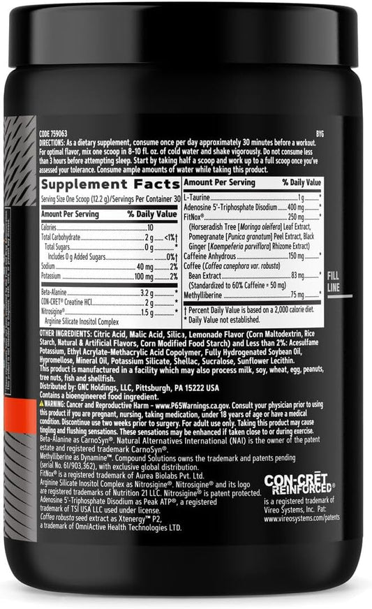 Gnc Amp Tri-Phase Multi-Action Pre-Workout | Supports Muscle Performance & Endurance | Lemonade | 30 Servings