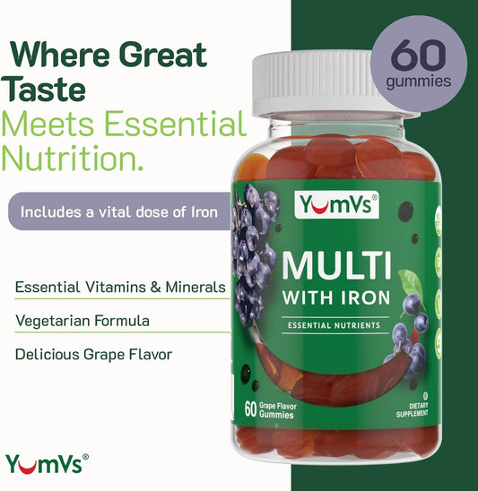 Yumvs Multivitamin Gummies With Iron - Grape Flavor - Vegetarian Kosher Multi Vitamins For Adults With Vitamin A C B6 B12 Biotin Zinc - No Calcium - Mens/Womens Multivitamin With Iron Gummy (60 Count)