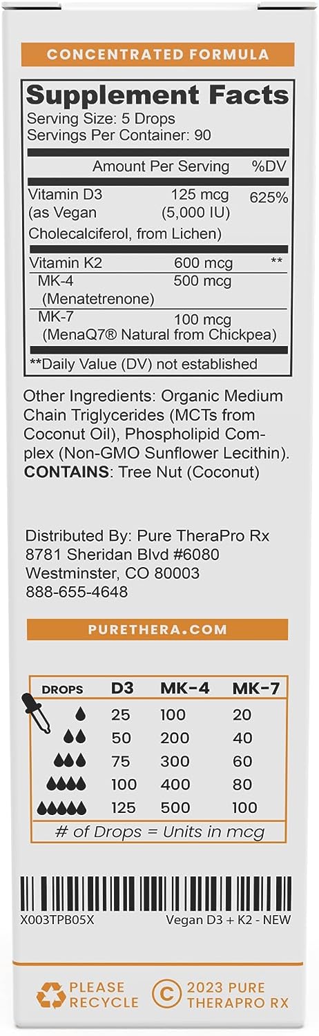 Pure Therapro Rx Vegan Vitamin D3 + K2 Liposomal Supplement | 90 Servings | Maximum Absorption Liquid Vitamins D3 5000 IU and K2-10 for Men and Women - 10 mL