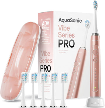 Aquasonic Vibe Series Pro – Ultra-Whitening Electric Toothbrush – 5 Modes & Smart Timers – Premium Travel Case & 6 Proflex Brush Heads – Ada Accepted Toothbrush (Optic White)