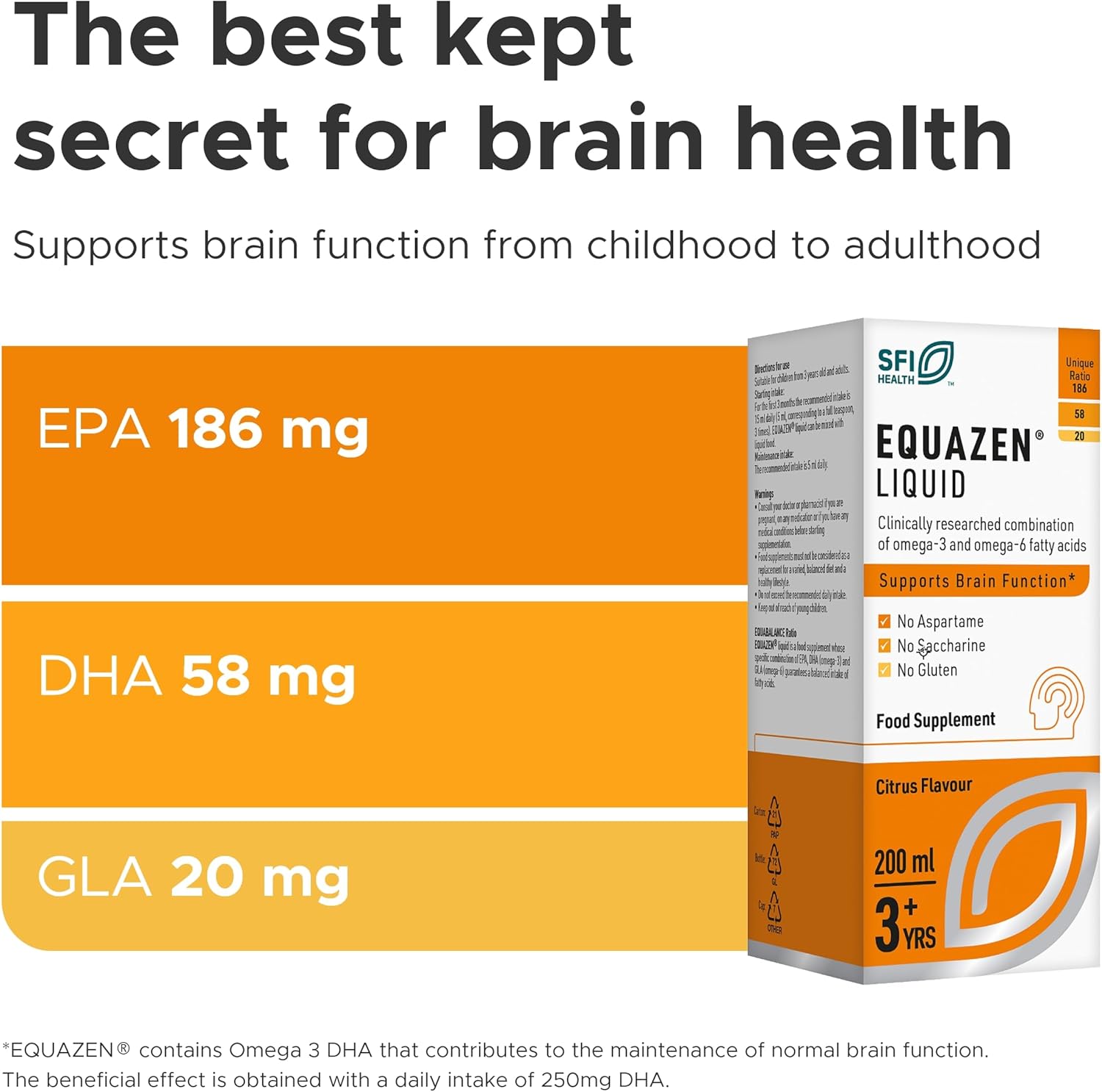 EQUAZEN Childrens Liquid | Omega 3 & 6 Supplement | Supports Brain Function | Blend of DHA, EPA & GLA | Suitable from 3+ to Adults | 200 ml Citrus Flavoured Liquid : Amazon.co.uk: Health & Personal Care