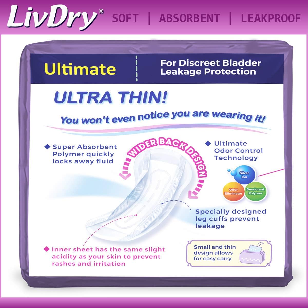 LivDry Incontinence Ultra Thin Pads for Women | Leak Protection and Odor Control | Extra Absorbent (Ultimate 10-Count) : Health & Household