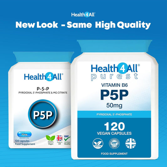 Health4All P5P Pyridoxal 5'-Phosphate 50Mg 120 Capsules (V) Biologically Active Vitamin B6 P-5-P With Magnesium Citrate For Pms And Reduction Of Tiredness & Fatigue