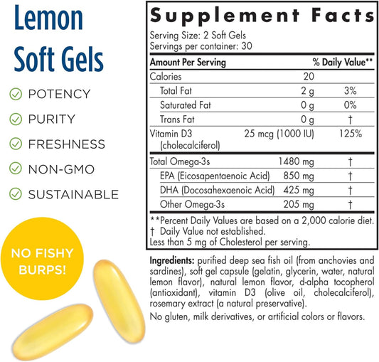 Nordic Naturals Ultimate Omega-D3 Sport, Lemon - 60 Soft Gels - 1480 mg Omega-3 + 1000 IU Vitamin D3 - NSF Certified - Supports Muscle, Bones, Focus & Endurance - 30 Servings