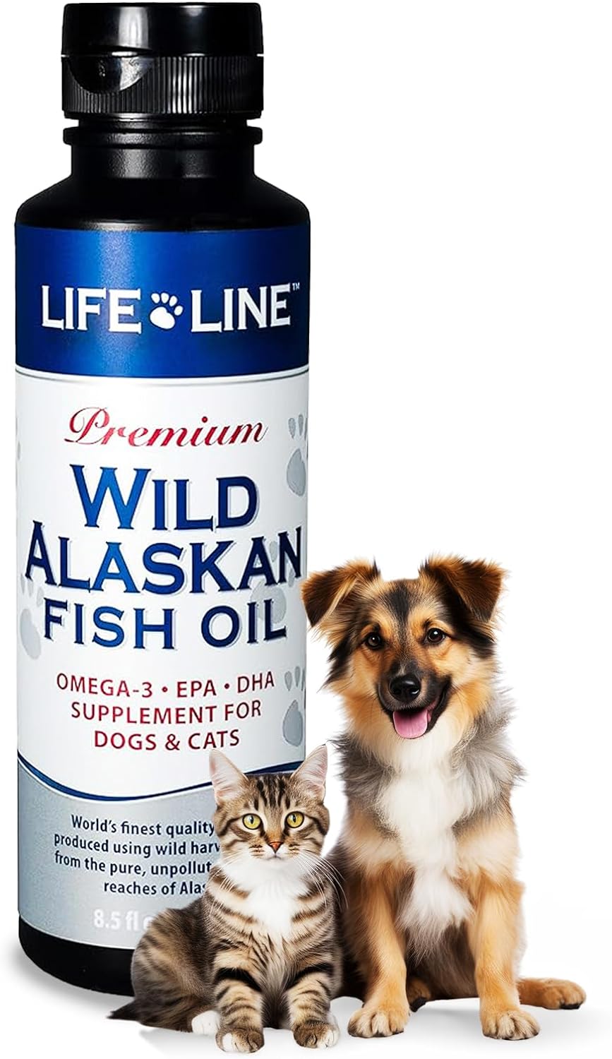 Life Line Pet Nutrition Wild Alaskan Fish Oil Omega-3 Supplement for Skin & Coat – Supports Brain, Eye & Heart Health in Dogs & Cats, 8.5oz